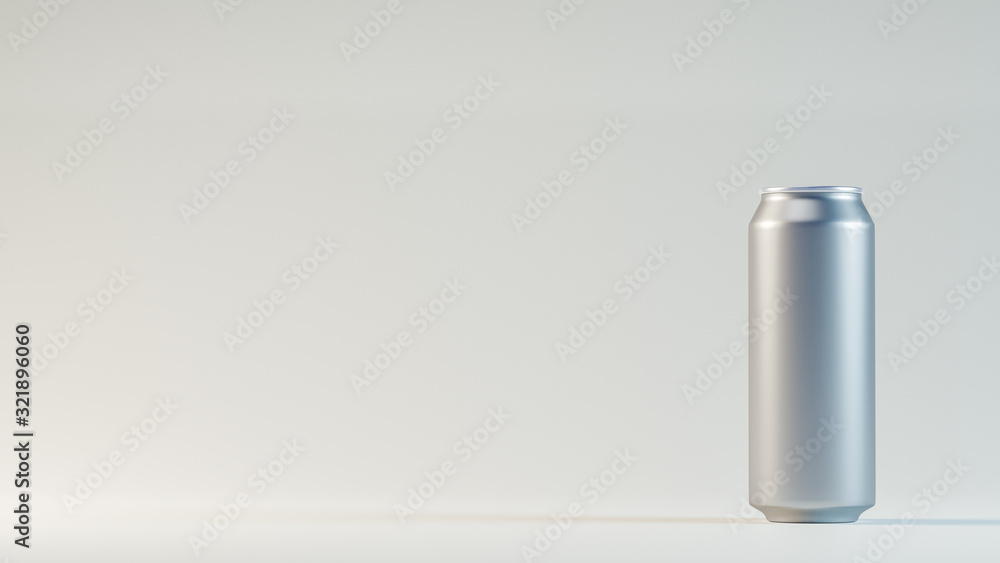 3D image of silver aluminium cold can staying in the right corner. On the white blurred background with cinematic lighting. 3D image of silver aluminium cold can staying in the right corner. On the white blurred background with cinematic lighting.