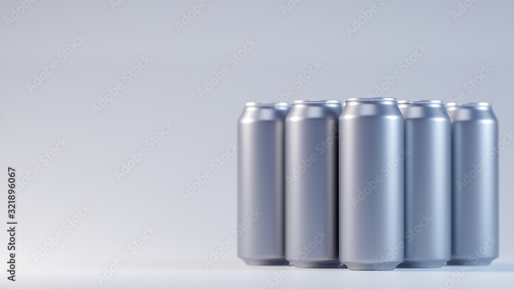 3D image of silver aluminium cold cans in pack. Staying in the right corner of image. On the white blurred background with cinematic lighting 3D image of silver aluminium cold cans in pack. Staying in the right corner of image. On the white blurred background with cinematic lighting