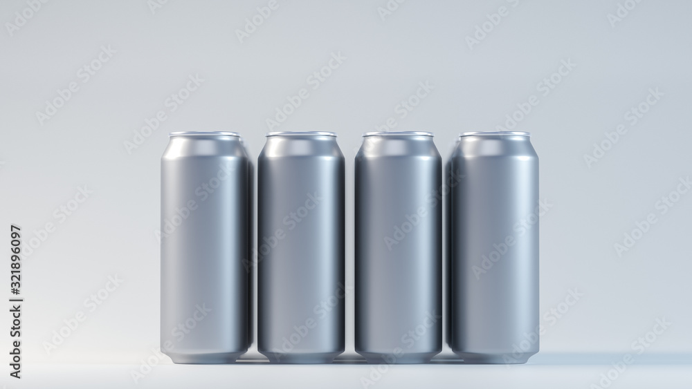 3D image of silver aluminium cold cans in pack. On the white blurred background with cinematic lighting 3D image of silver aluminium cold cans in pack. On the white blurred background with cinematic lighting