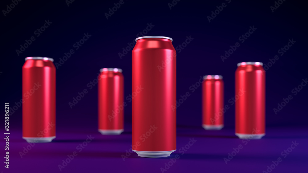3D image of red violet aluminium cold cans staying in a group in fashionable color style. On the dark blue blurred background 3D image of red violet aluminium cold cans staying in a group in fashionable color style. On the dark blue blurred background