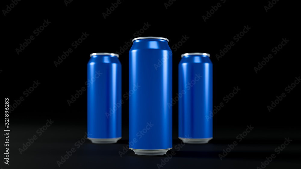 3D image of three blue aluminium cold cans staying in the center of image. On the black isolated background 3D image of three blue aluminium cold cans staying in the center of image. On the black isolated background