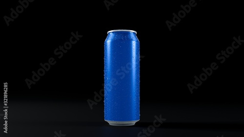 3D image of one blue aluminium cold can with water droplets. On black isolated background photo