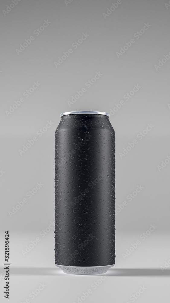 3D image of side view black aluminium cold can with water droplets. On light background 3D image of side view black aluminium cold can with water droplets. On light background