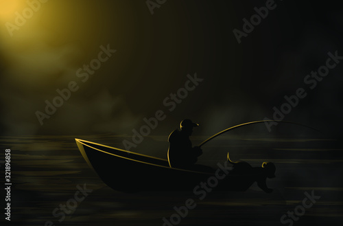 Vector image of a fisherman on a boat with a dog in the dark in the fog.