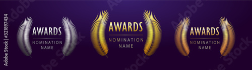 Awards logo collection. Isolated abstract graphic design template. Elegant gold, silver, bronze gradient palm tree branches. Luxury shining frames, decoration emblems. Set of cup elements and concepts