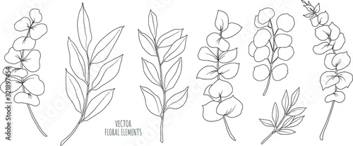 Leaves line hand made vector set