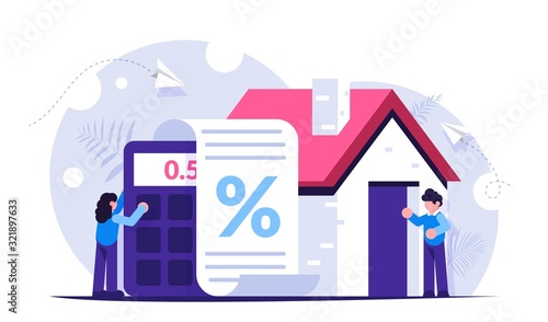 Mortgage loan against the background of the calculator and the house. The girl counts the interest on the documents. Man stands at the entrance to the new house. Modern flat illustration.