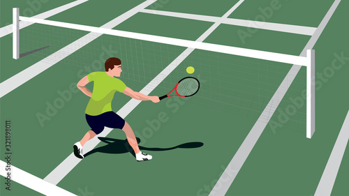 Color vector illustration of a tennis player with a racket on the court. Tennis player hits the ball. Тennis sport concept © Александра Смыкалова