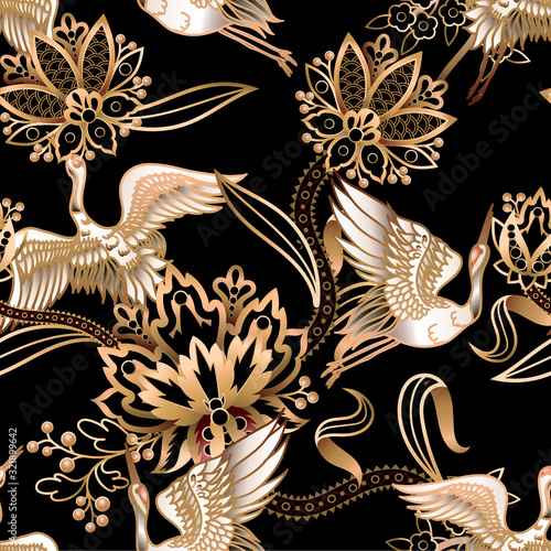 Seamless pattern with Chinese gold cranes and flowers. Vector.