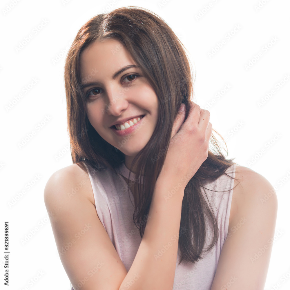 young happy smiling brunet woman portrait isolated on white background