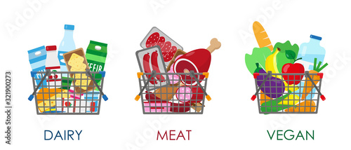 Dairy, meat and vegan products in baskets. photo