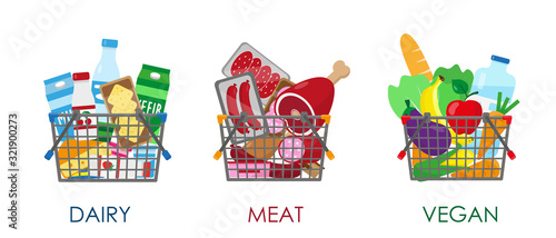 Dairy, meat and vegan products in baskets.