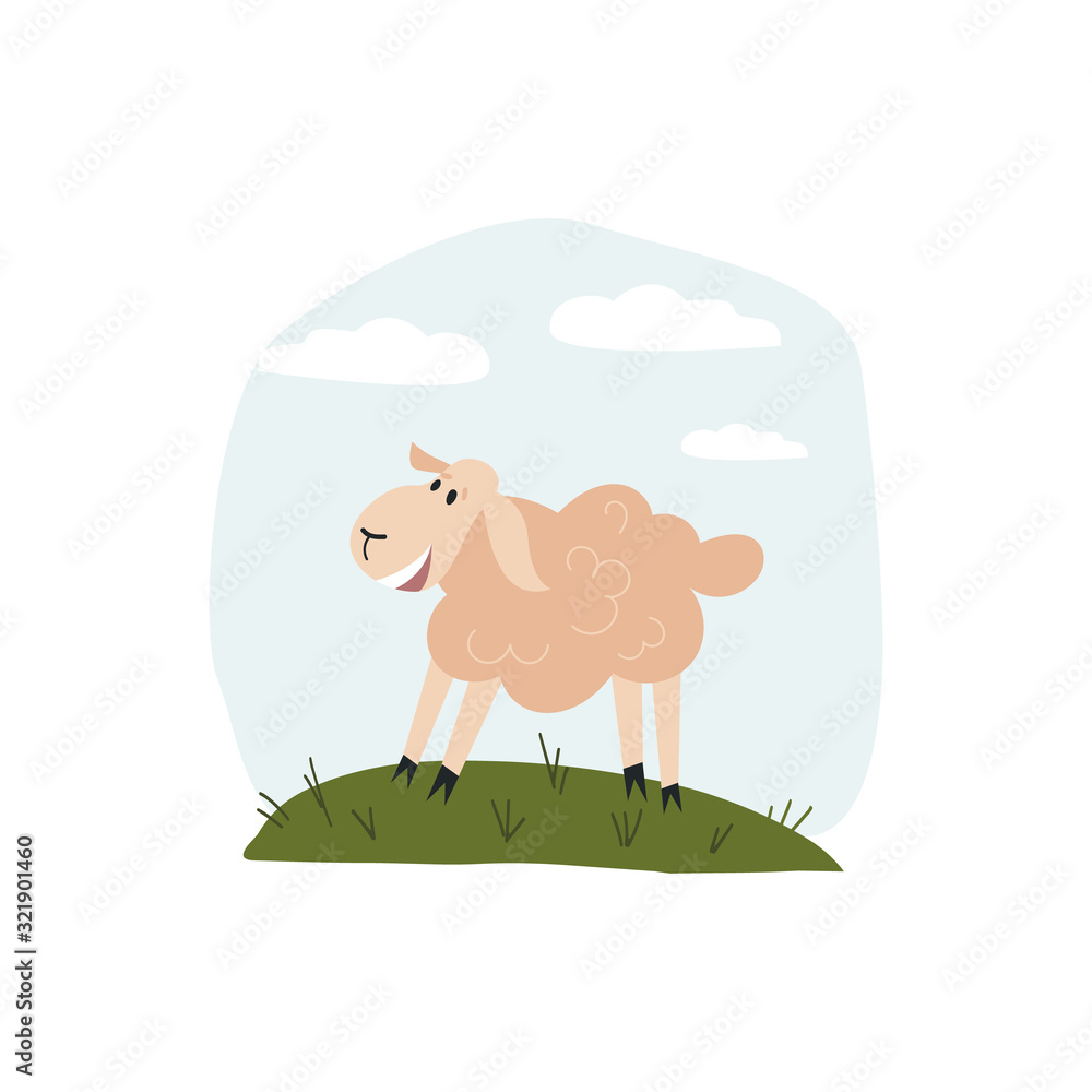 Fun hand drawn happy smiling sheep on a medow. Flat vector illustration on isolated background. Fun hand drawn happy smiling sheep on a medow. Flat vector illustration on isolated background.