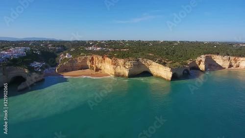 Aerial. Portuguese beach Benagil with the famous cave, aerial view, taken by quadrocopter.