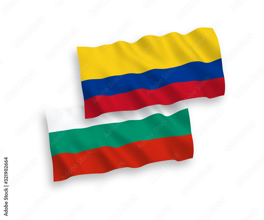 National vector fabric wave flags of Bulgaria and Colombia isolated on white background. 1 to 2 proportion. National vector fabric wave flags of Bulgaria and Colombia isolated on white background. 1 to 2 proportion.