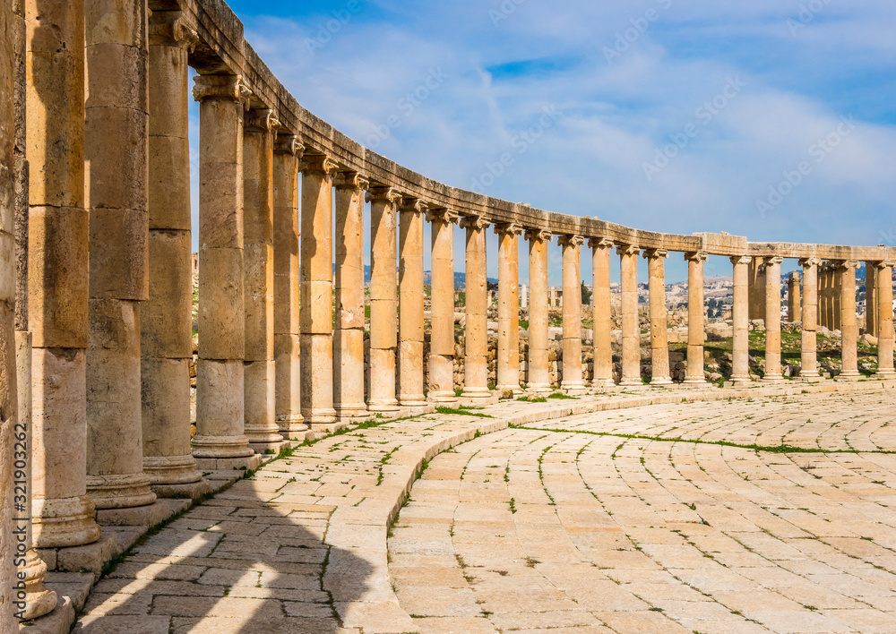 Oval Plaza at roman ruins at Jerash, Jordan