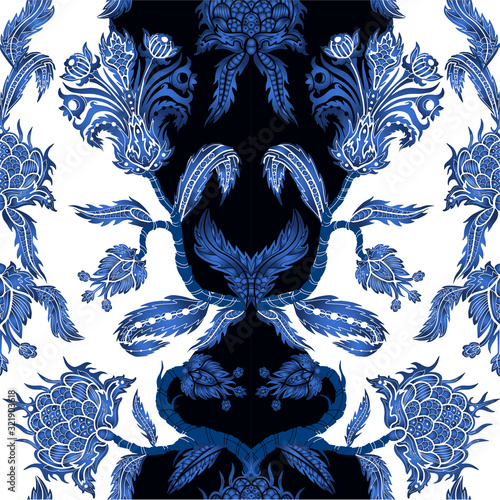 Seamless pattern with branches flowers in chinoiserie style. Japanese blue ceramic print.
