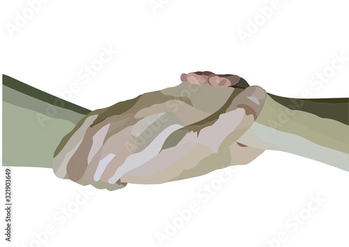 shaking two realistic hands on isolated black background, holding hands