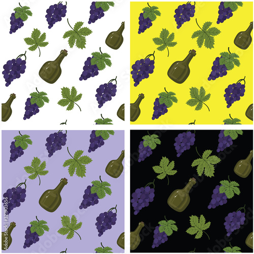 Collection of seamless abstract patterns featuring wine products, bottles, grapes, grape leaves