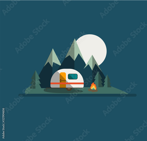 Camper Trailer Mountains and Moon V2