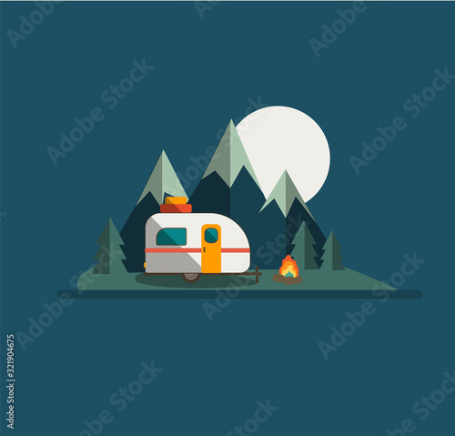 Camper Trailer Mountains and Moon V1