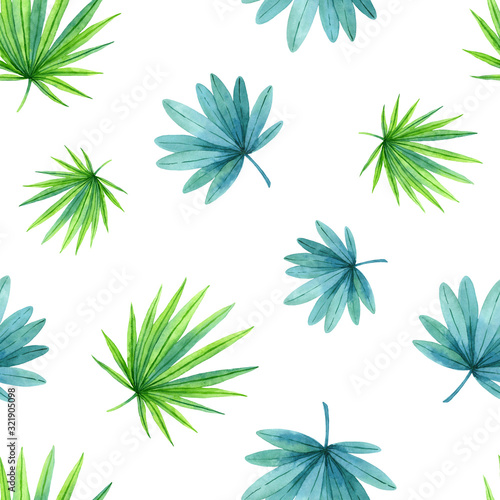 Lush green leaves of tropical plants.