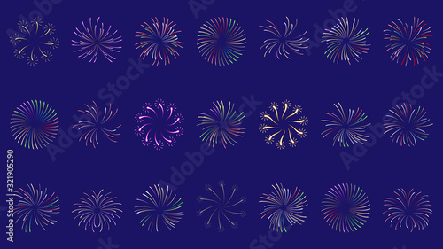 Set of multi-colored fireworks and festive explosions created in different styles and shapes on a dark blue background