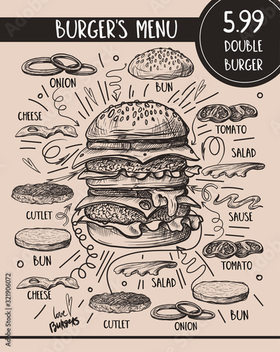 Burger menu with composition of products in graphic style.