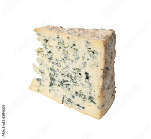 Piece of Blue Mold Cheese on White Background Close Up photo