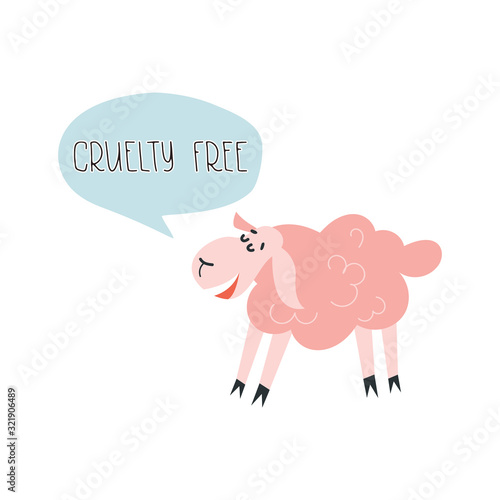 Cute smiling sheep and hand drawn lettering text Cruelty free in speech cloud. Vector isolated illustration.