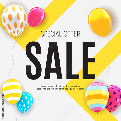 Sale banner with floating balloons. Vector illustration