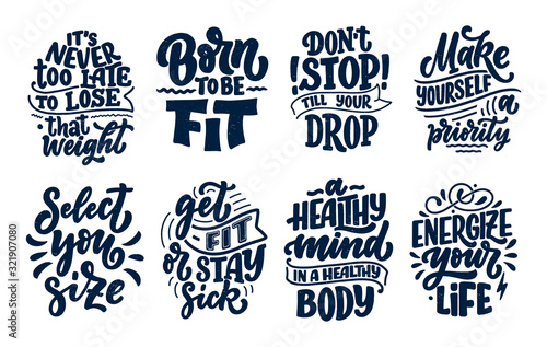 Abstract lettering set about sport and fitness for poster or print design. Healthy lifestyle. Modern calligraphy for business success concept. Handwritten letters. Typography funny quotes. Vector