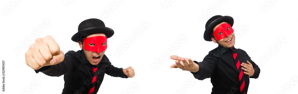 Young man with red mask isolated on white Young man with red mask isolated on white