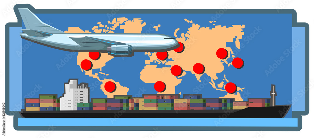 International logistics branches. Vector illustration. Logistics provider. World map with marks of the company's representative office. Transcontinental transport: air and sea transport. Isolated. International logistics branches. Vector illustration. Logistics provider. World map with marks of the company's representative office. Transcontinental transport: air and sea transport. Isolated.
