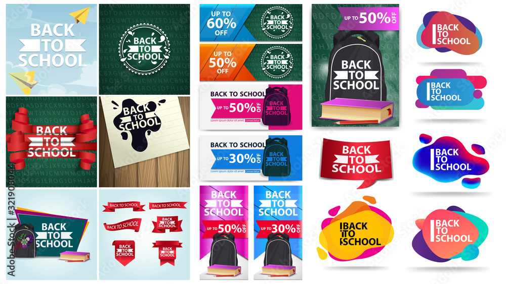 Back to school, a set of posters and discount banners for your creativity isolated on a white background