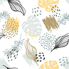 Handdoek met foto Aquarel bladerprint patronen Exotisch plantenmotief op witte achtergrond  © Tolchik