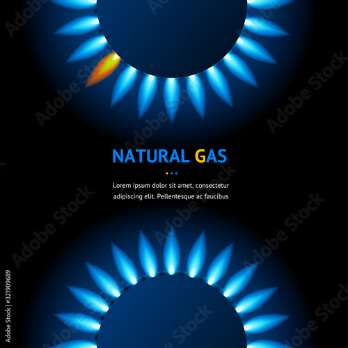 Realistic Detailed 3d Natural Gas Flame Kitchen with Blue Reflections Banner. Vector
