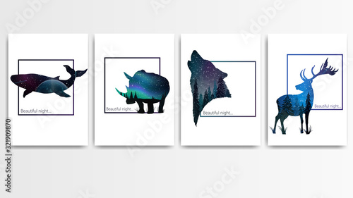 Collection of covers for your creativity isolated on a white background. White posters with a silhouette of a whale, a rhinoceros, a wolf's head and a deer, inside which a night starry landscape