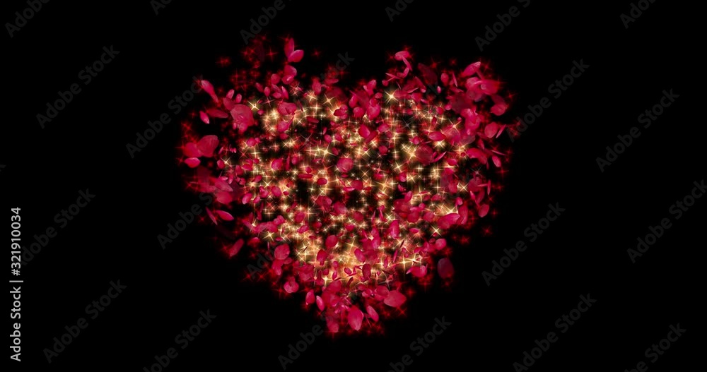 Romantic red heart from rose petals and golden star on black background. For Valentine's Day event. Loop particles animation 4k. Romantic red heart from rose petals and golden star on black background. For Valentine's Day event. Loop particles animation 4k.