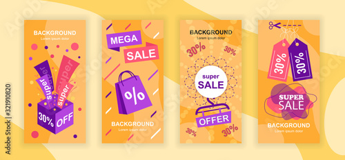 Mega sale social media stories design templates vector set, backgrounds with copyspace - best offer, sell-out - backdrop for vertical banner, advertising poster - big sale, ad campaign concept