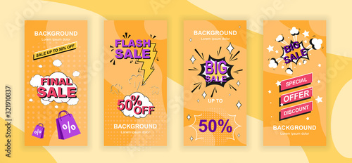 Mega sale social media stories design templates vector set, backgrounds with copyspace - best offer, sell-out - backdrop for vertical banner, advertising poster - big sale, ad campaign concept