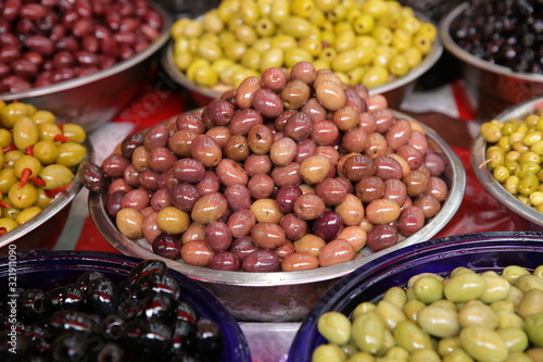 olives in the market. Food banner, pattern, background
