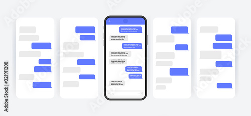 Social media design concept. Smart Phone with carousel style messenger chat screen. Sms template bubbles for compose dialogues. Modern vector illustration flat style