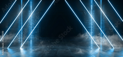 Smoke Neon Triangle Glowing Blue Pantone Sci Fi Basement Retro Club Dance Brick Walls Modern Night Dark Stage Podium Futuristic Garage 3D Rendering