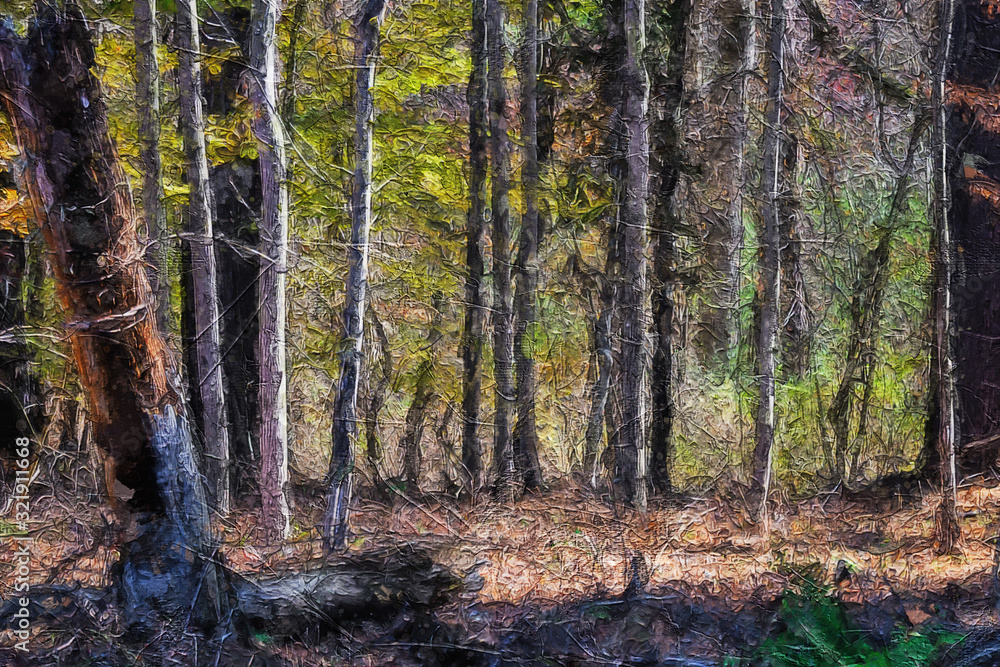 Obraz premium Impressionistic Style Artwork of Autumn Colors Hidden Deep in the Green Forest