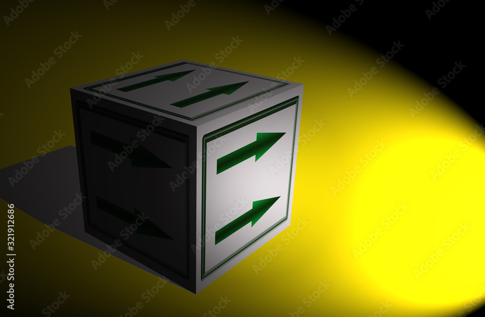 3d illustration of cube with two green arrows pointing to the right under spotlight 3d illustration of cube with two green arrows pointing to the right under spotlight