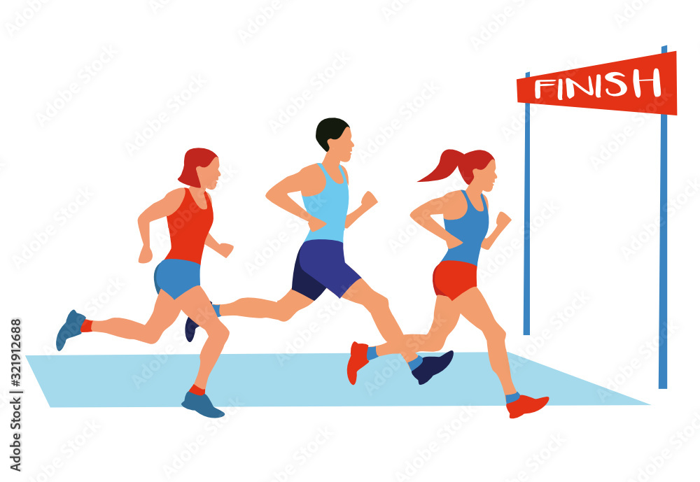 Running marathon competition. Athlete sprinter group moving to end race  point. Distance jog on stadium. Sportsmen team. Finish line. Win and  championship. Isolated. Flat cartoon illustration. Stock Vector | Adobe  Stock