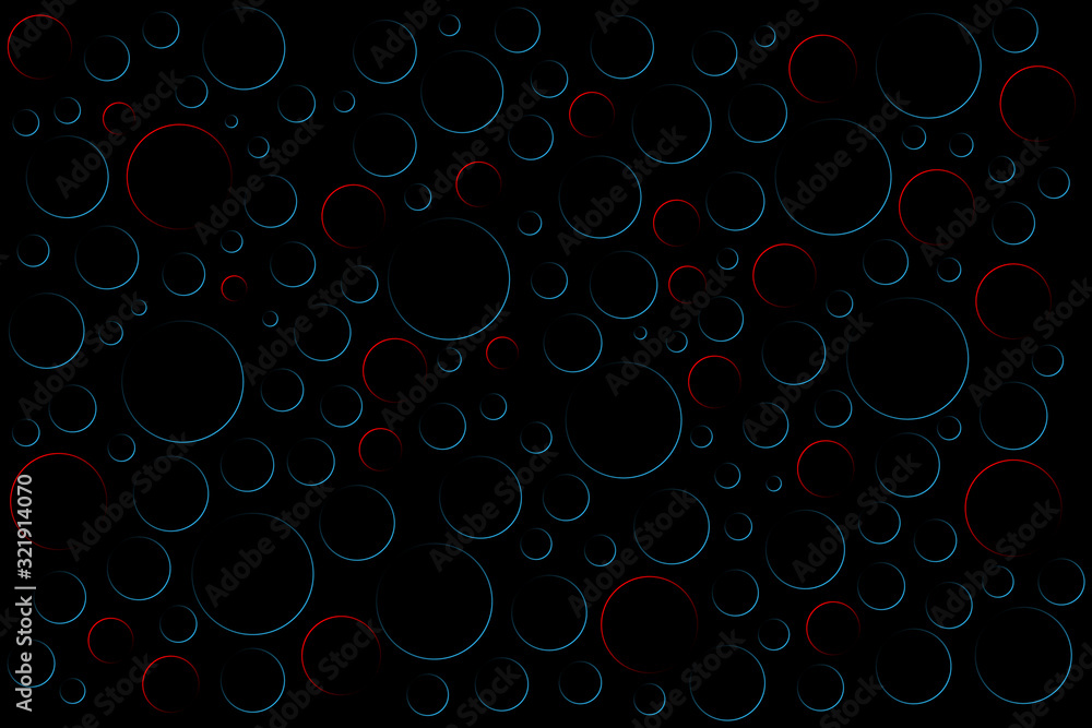 Black abstract background with incomplete red and blue rings, modern simple circular vector illustration