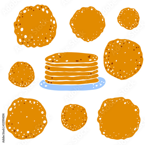 Vector set of drawn pancakes for Shrovetide celebration. Hand-drawn treat for the spring holiday. Pancakes in a plate. Suitable for the design of posters, cards, design.