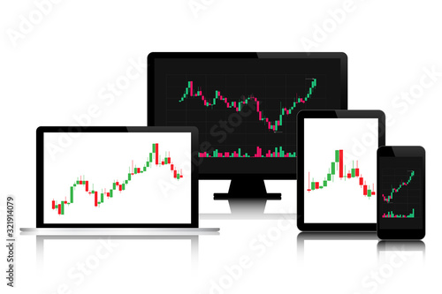 Set of modern digital tech devices with candlestick chart on the screen isolated on white background, trading graphic budiness concept, financial stock market